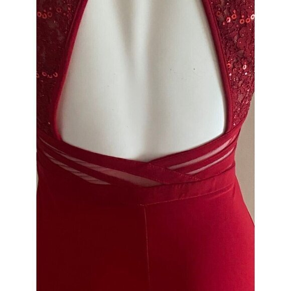 Morgan & Co Red Lace Halter Maxi‎ Dress Size 3 – Open Back Formal Gown - Picture 8 of 12